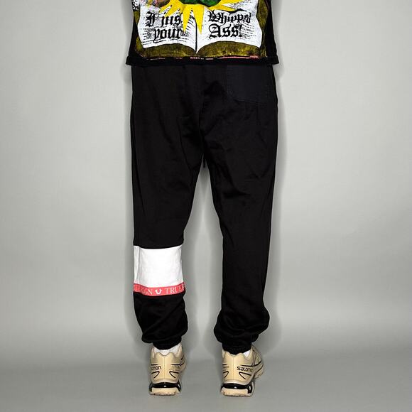 Vintage Y2K True Religion Sweatpants Mens M Black Salmon Pink Logo Joggers - Picture 3 of 4